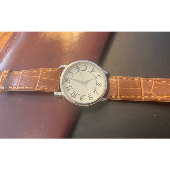 Unisex 35mm Silver Tone Calvin Hill Watch with Brown Band, Easy to Read Dial - Picture 3 of 3